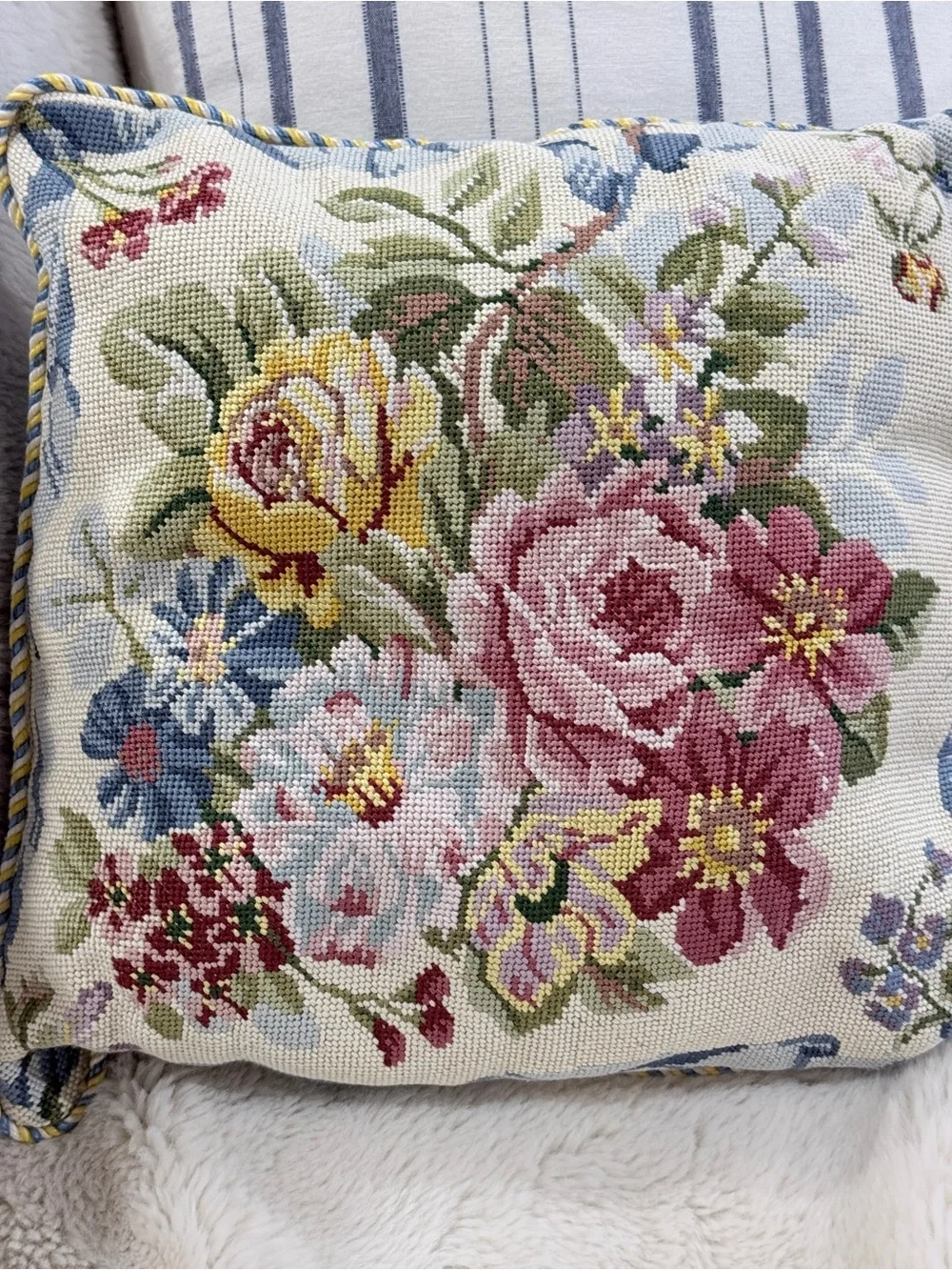 Needlepoint Floral Bouquet Square Accent Pillow Blue